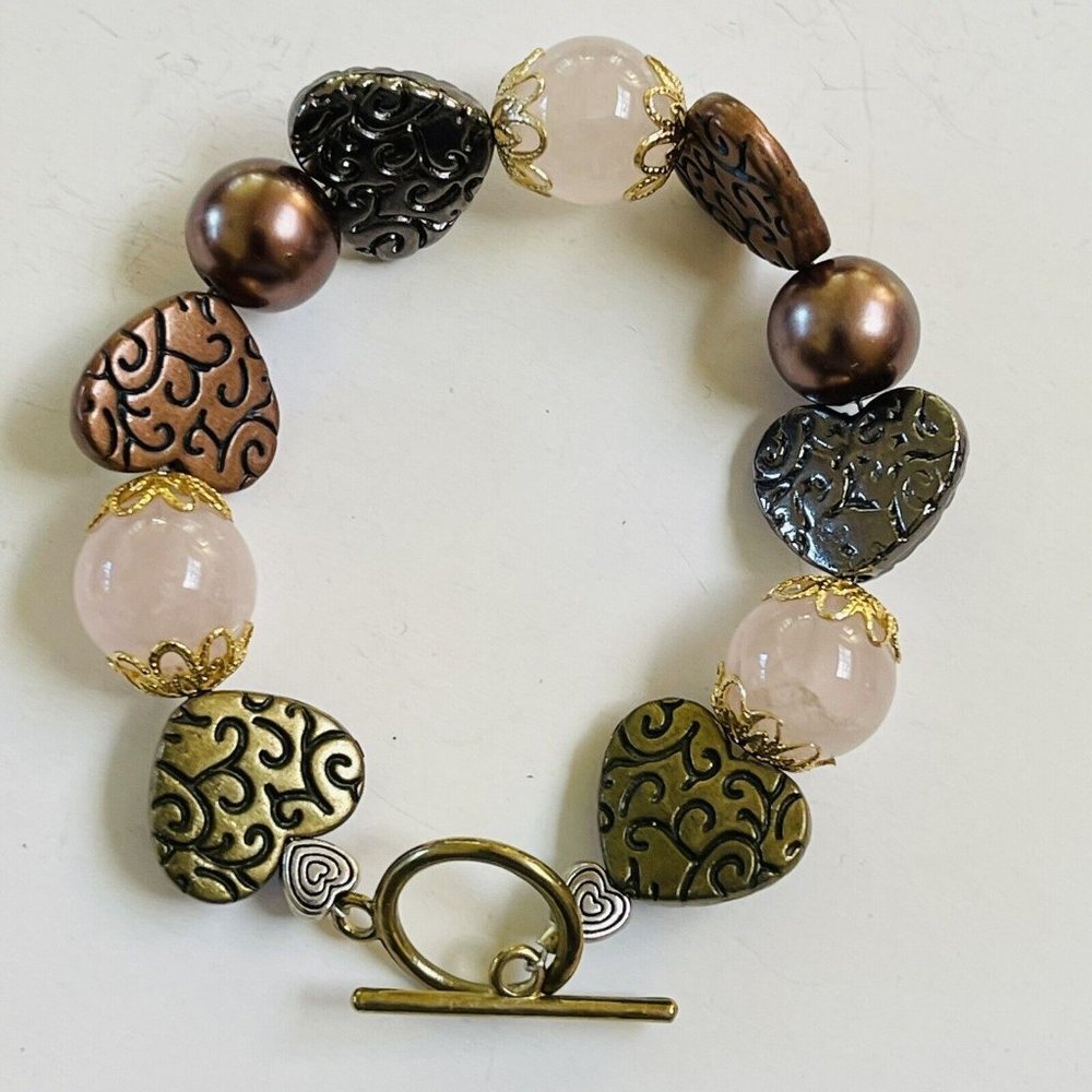 Bohemian Bracelet Rose Quartz Beads Mixed Hearts Chunky Boho Handmade 7.5‎ Inch